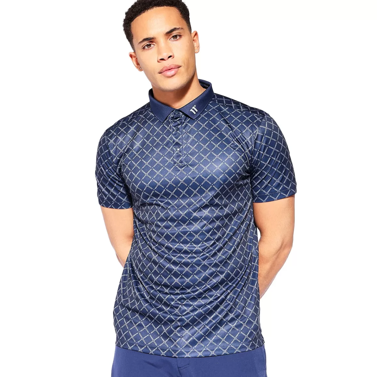Clearance 11 Degrees Men's Over Brand Print Golf Polo Shirt Navy Blue