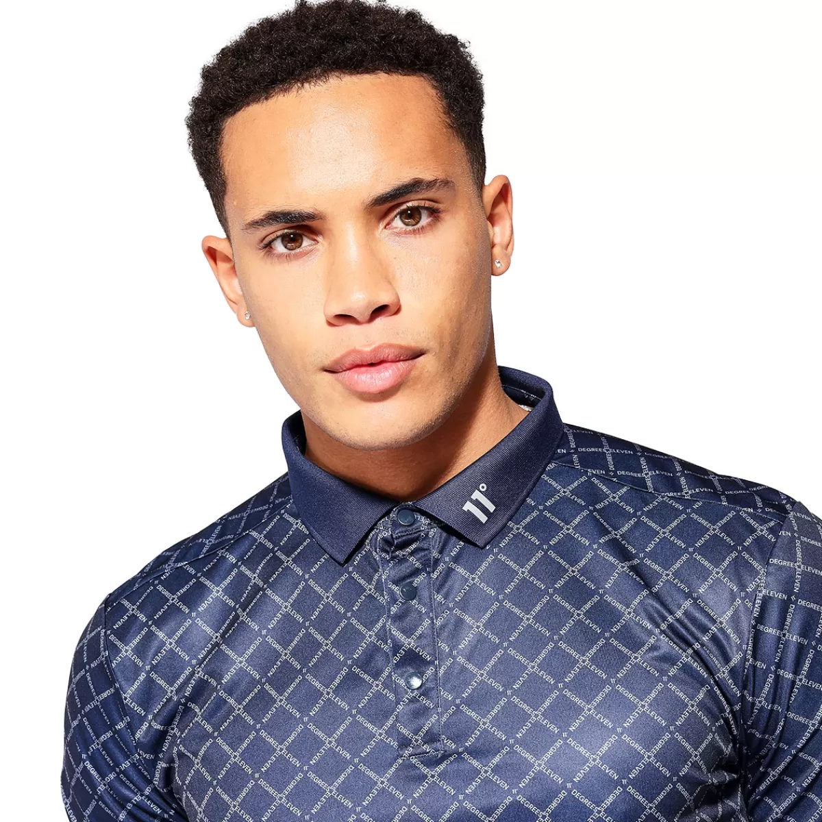 Clearance 11 Degrees Men's Over Brand Print Golf Polo Shirt Navy Blue