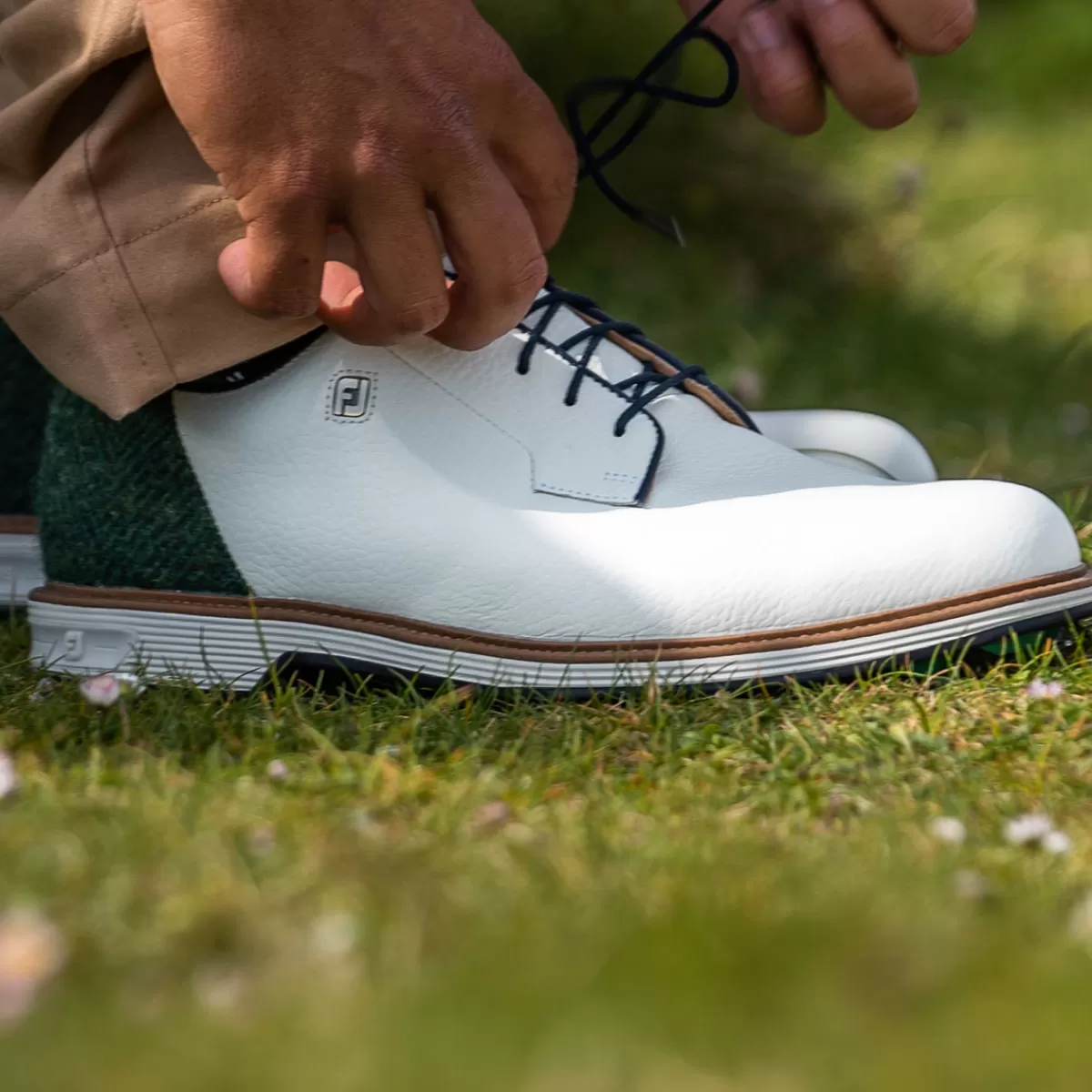 Clearance FootJoy Men's Harris Tweed Premiere Series Field Waterproof Spiked Golf Shoes White/Green/Navy