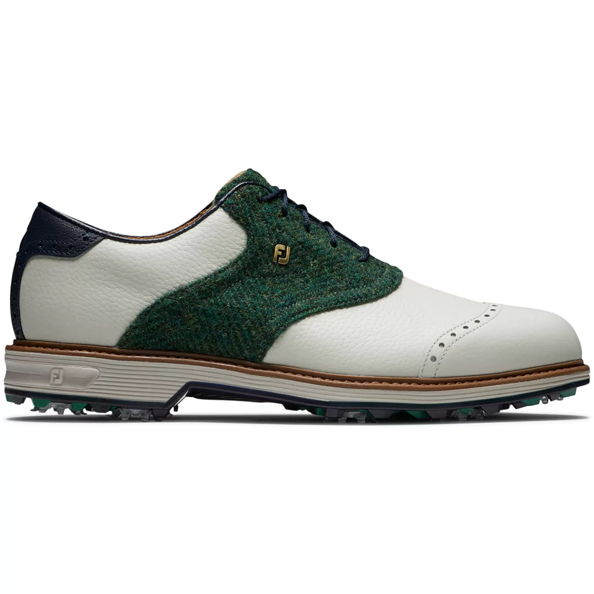 Discount FootJoy Men's Harris Tweed Premiere Series Wilcox Waterproof Spiked Golf Shoes White/Green/Navy
