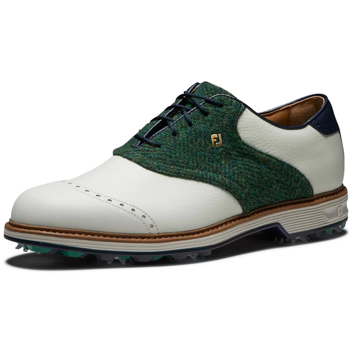Discount FootJoy Men's Harris Tweed Premiere Series Wilcox Waterproof Spiked Golf Shoes White/Green/Navy