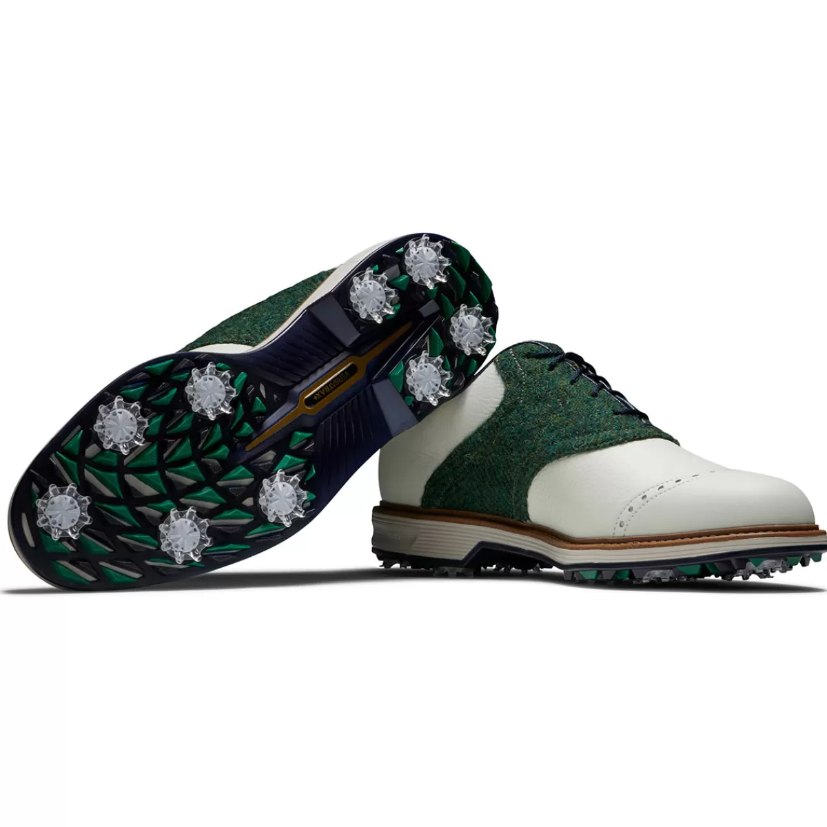 Discount FootJoy Men's Harris Tweed Premiere Series Wilcox Waterproof Spiked Golf Shoes White/Green/Navy