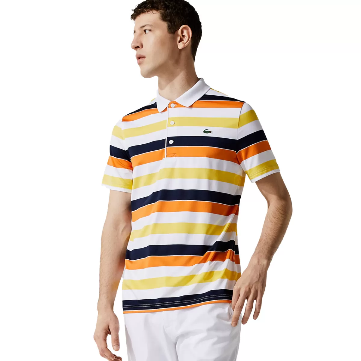 Cheap Lacoste Men's Sport Breathable Striped Stretch Golf Polo Shirt White/Navy/Orange