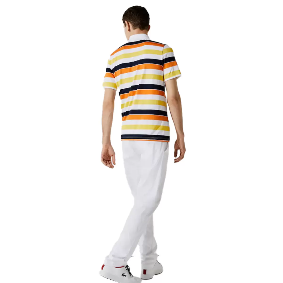 Cheap Lacoste Men's Sport Breathable Striped Stretch Golf Polo Shirt White/Navy/Orange