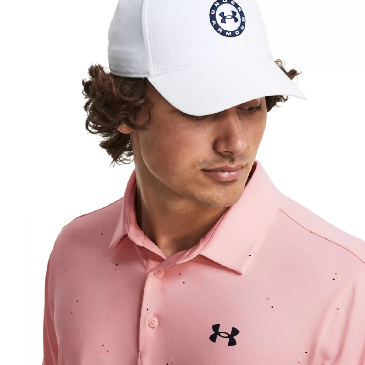 Best Sale Under Armour Men's Playoff 3.0 Scatter Printed Golf Polo Shirt Pink/White/Navy